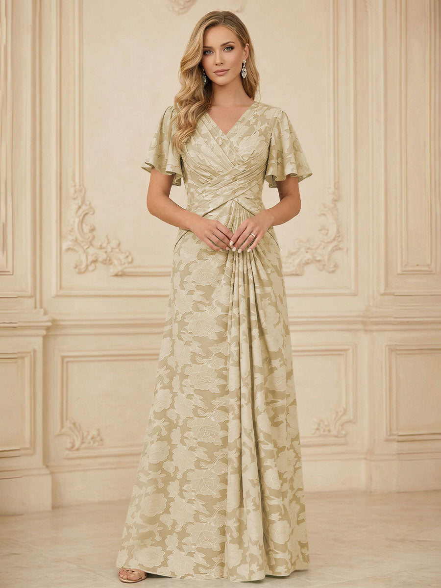 A Line V Neck Short Sleeve Floral Chiffon Ruched Mother of the Bride Dress