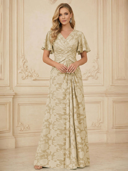 A Line V Neck Short Sleeve Floral Chiffon Ruched Mother of the Bride Dress