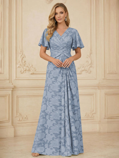 A Line V Neck Short Sleeve Floral Chiffon Ruched Mother of the Bride Dress