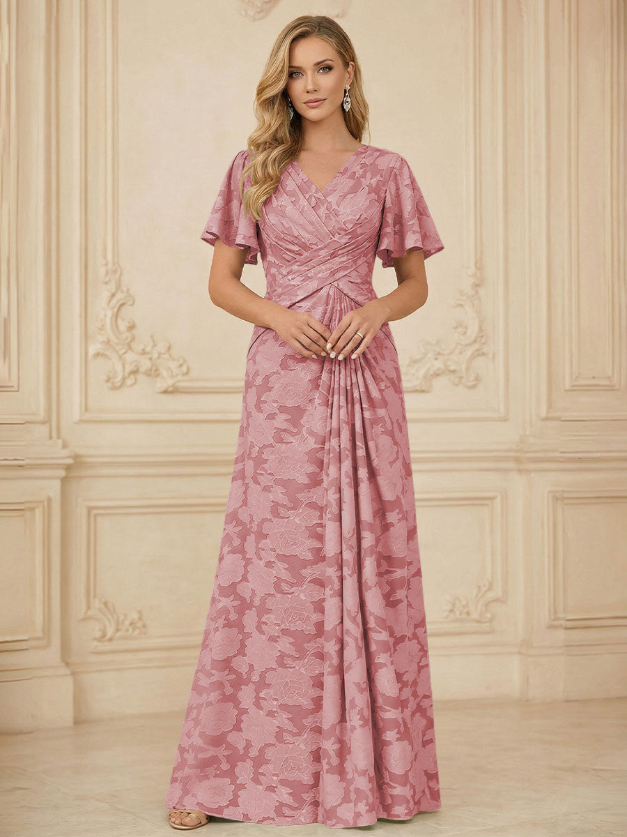A Line V Neck Short Sleeve Floral Chiffon Ruched Mother of the Bride Dress