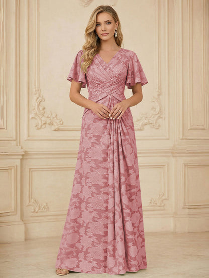 A Line V Neck Short Sleeve Floral Chiffon Ruched Mother of the Bride Dress