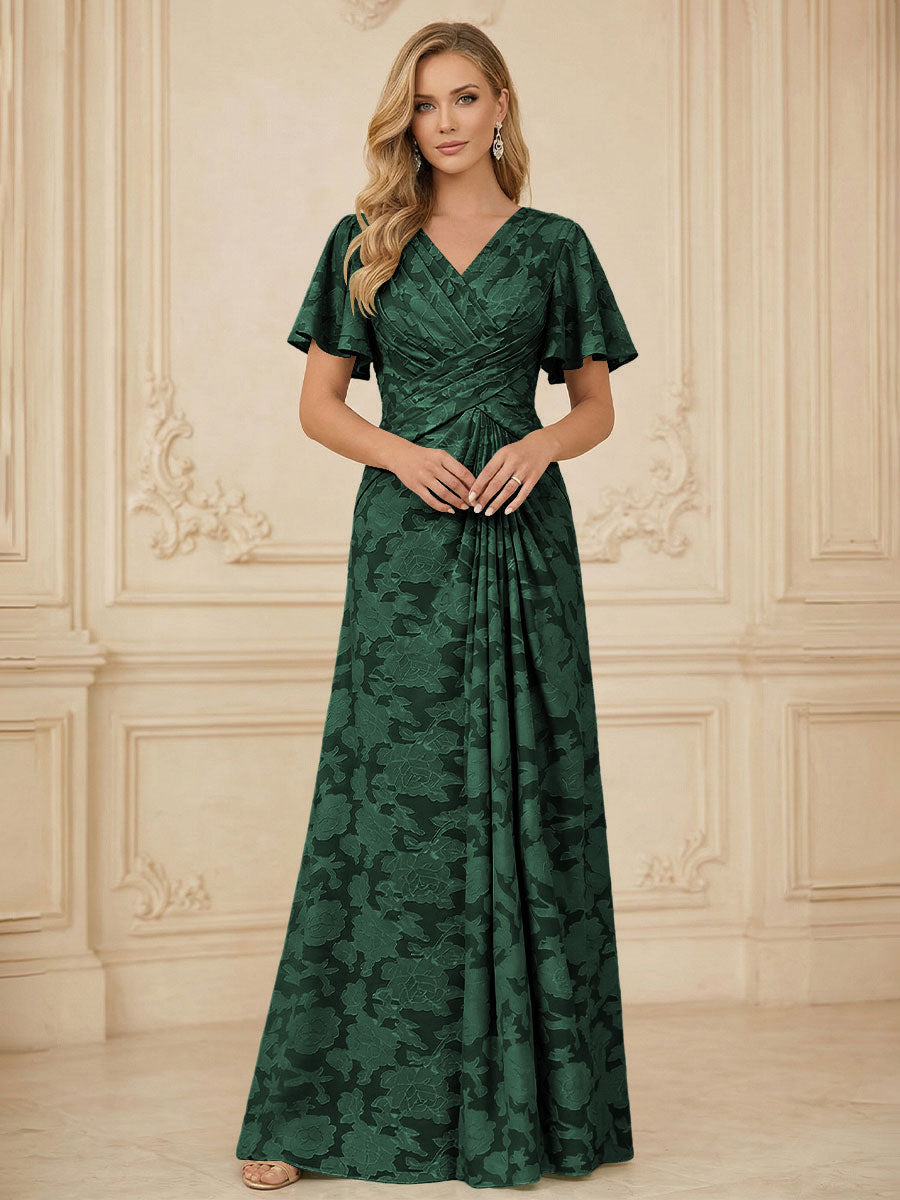 A Line V Neck Short Sleeve Floral Chiffon Ruched Mother of the Bride Dress