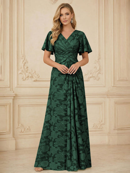 A Line V Neck Short Sleeve Floral Chiffon Ruched Mother of the Bride Dress