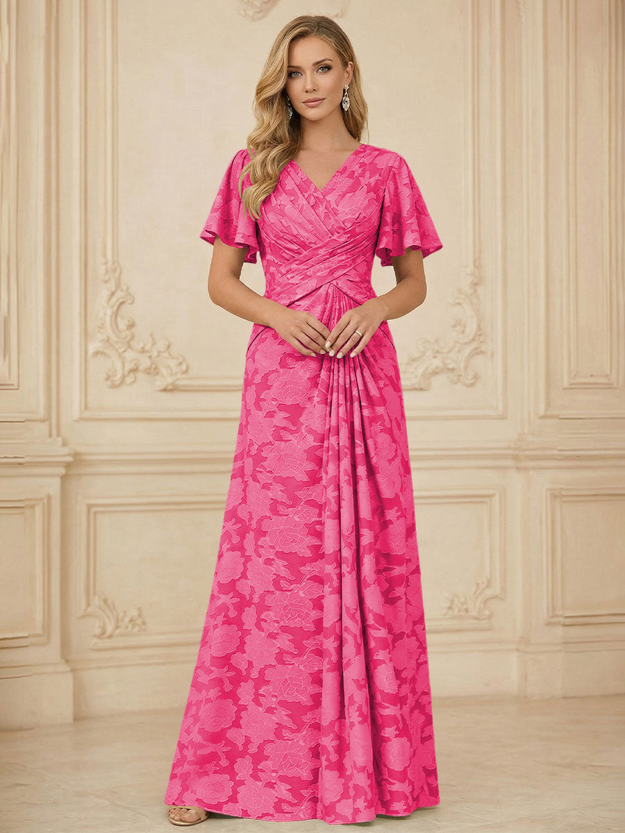 A Line V Neck Short Sleeve Floral Chiffon Ruched Mother of the Bride Dress