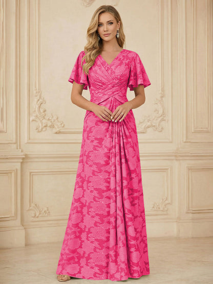A Line V Neck Short Sleeve Floral Chiffon Ruched Mother of the Bride Dress