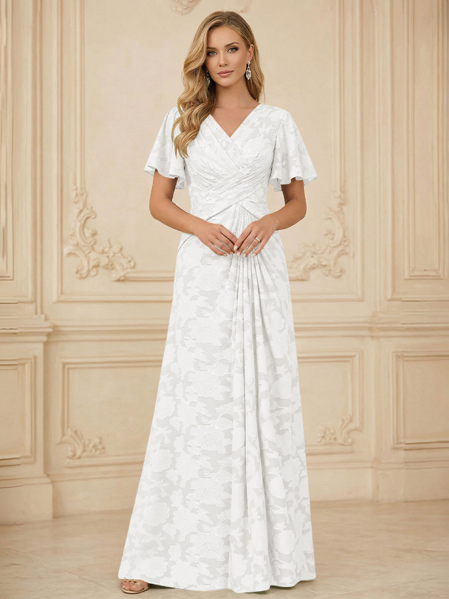 A Line V Neck Short Sleeve Floral Chiffon Ruched Mother of the Bride Dress