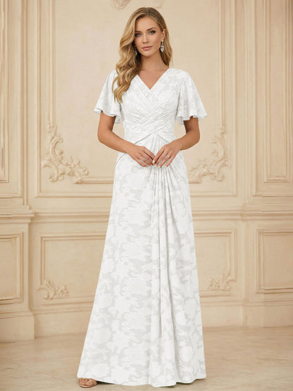 A Line V Neck Short Sleeve Floral Chiffon Ruched Mother of the Bride Dress