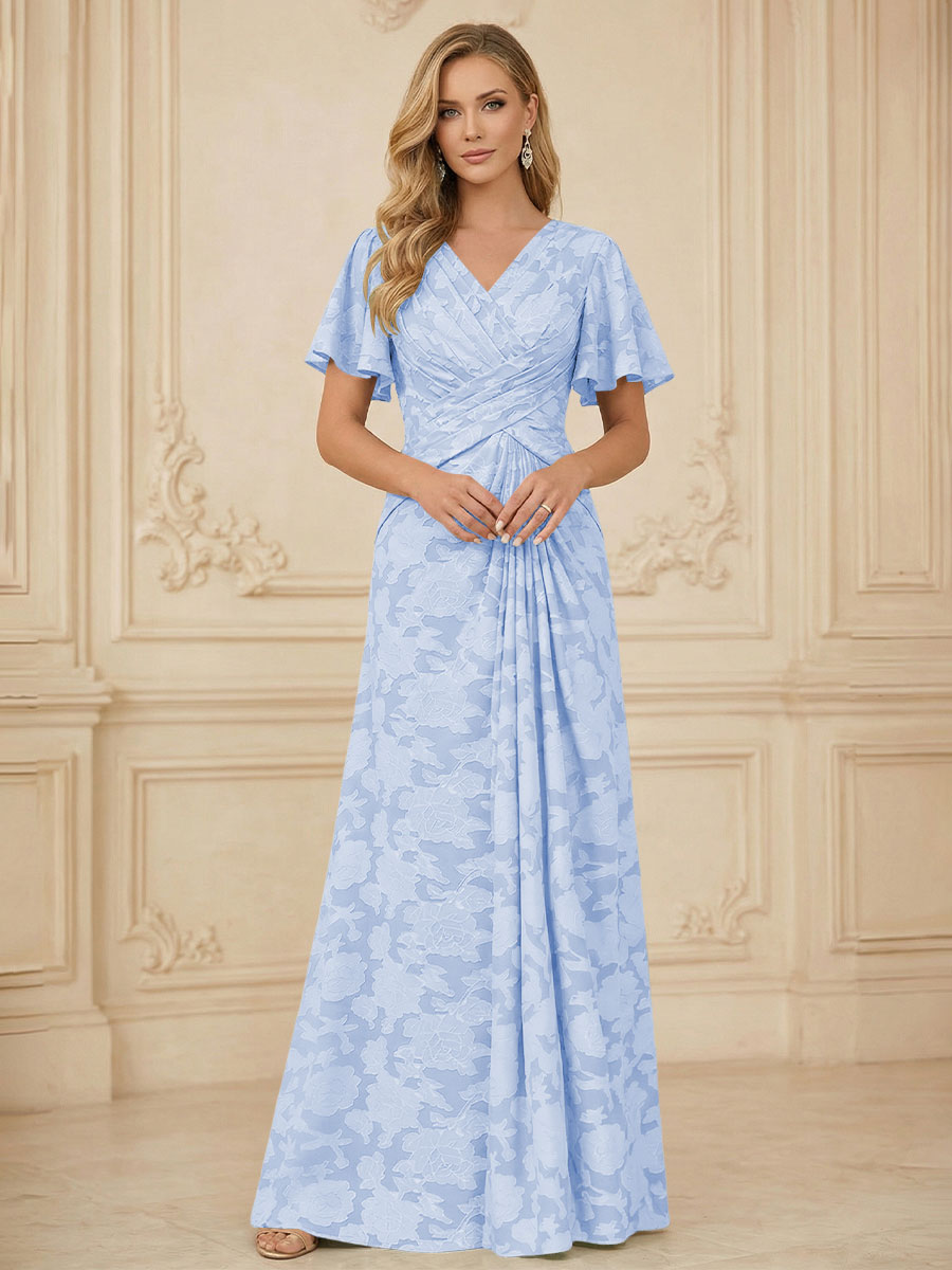 A Line V Neck Short Sleeve Floral Chiffon Ruched Mother of the Bride Dress