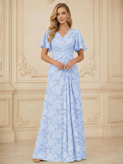 A Line V Neck Short Sleeve Floral Chiffon Ruched Mother of the Bride Dress