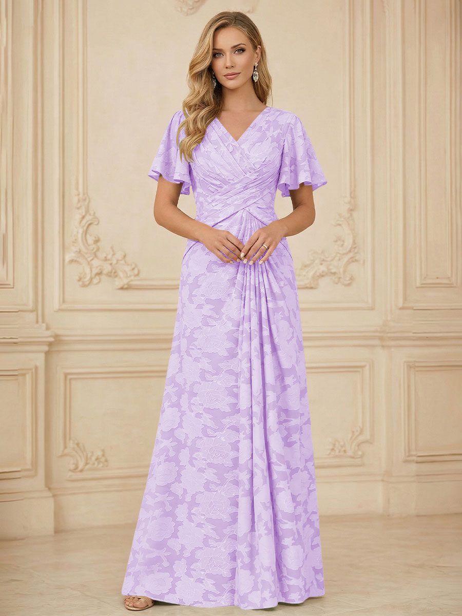 A Line V Neck Short Sleeve Floral Chiffon Ruched Mother of the Bride Dress