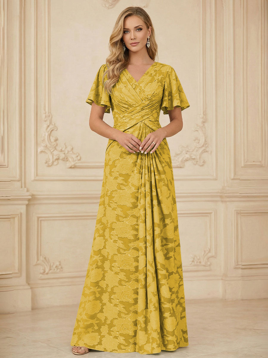 A Line V Neck Short Sleeve Floral Chiffon Ruched Mother of the Bride Dress