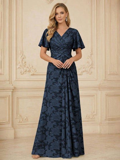 A Line V Neck Short Sleeve Floral Chiffon Ruched Mother of the Bride Dress