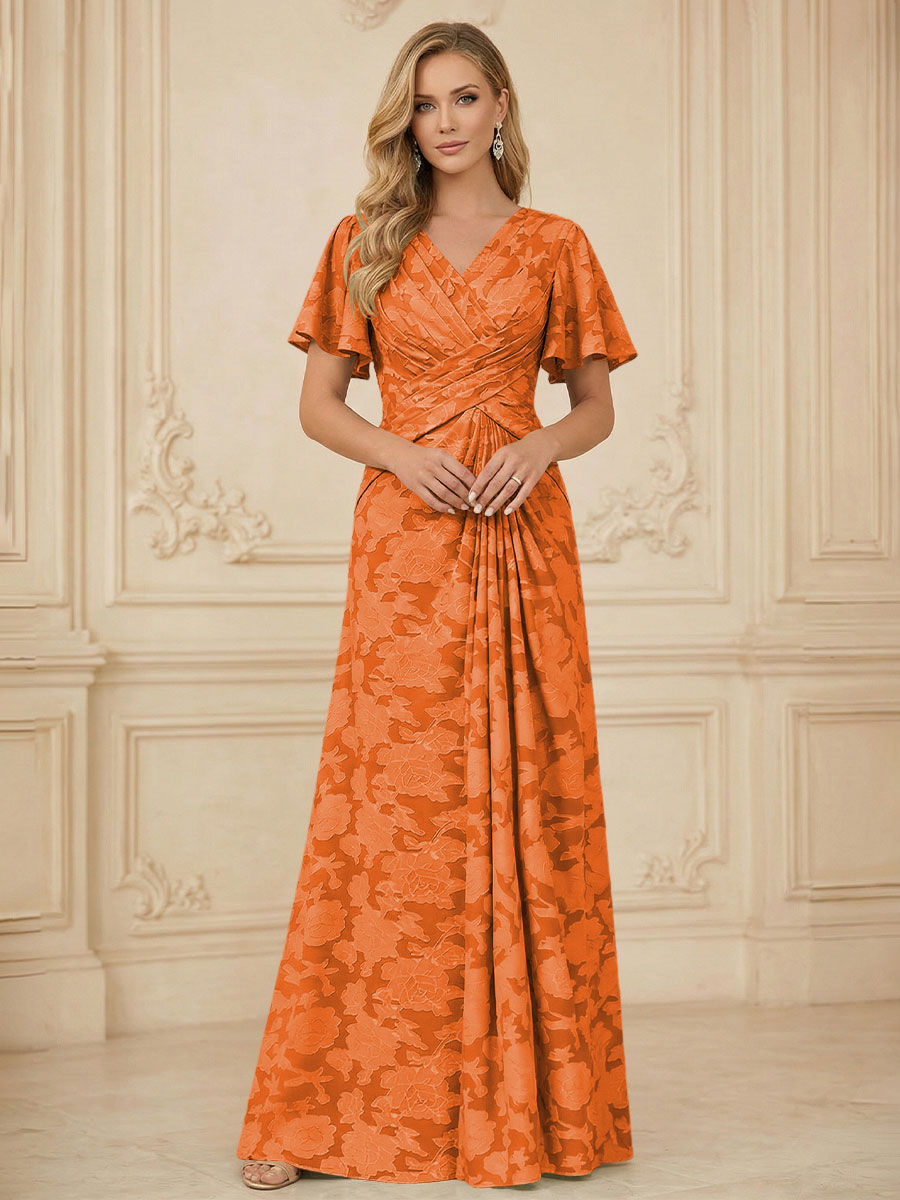 A Line V Neck Short Sleeve Floral Chiffon Ruched Mother of the Bride Dress