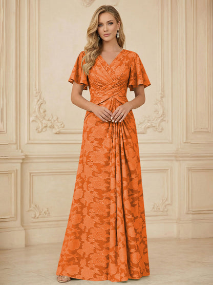 A Line V Neck Short Sleeve Floral Chiffon Ruched Mother of the Bride Dress