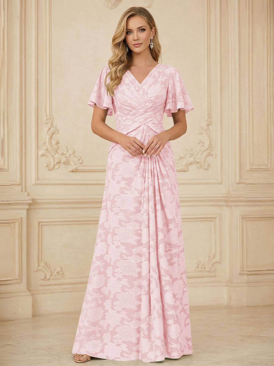 A Line V Neck Short Sleeve Floral Chiffon Ruched Mother of the Bride Dress