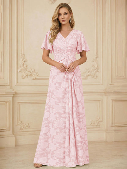 A Line V Neck Short Sleeve Floral Chiffon Ruched Mother of the Bride Dress