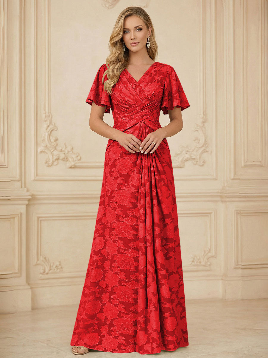 A Line V Neck Short Sleeve Floral Chiffon Ruched Mother of the Bride Dress