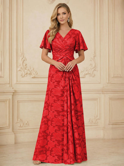A Line V Neck Short Sleeve Floral Chiffon Ruched Mother of the Bride Dress