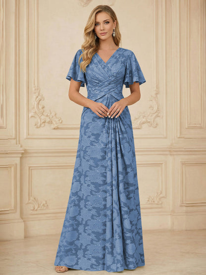 A Line V Neck Short Sleeve Floral Chiffon Ruched Mother of the Bride Dress