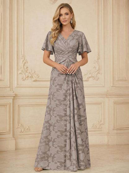 A Line V Neck Short Sleeve Floral Chiffon Ruched Mother of the Bride Dress