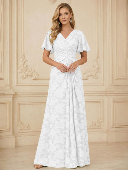 A Line V Neck Short Sleeve Floral Chiffon Ruched Mother of the Bride Dress