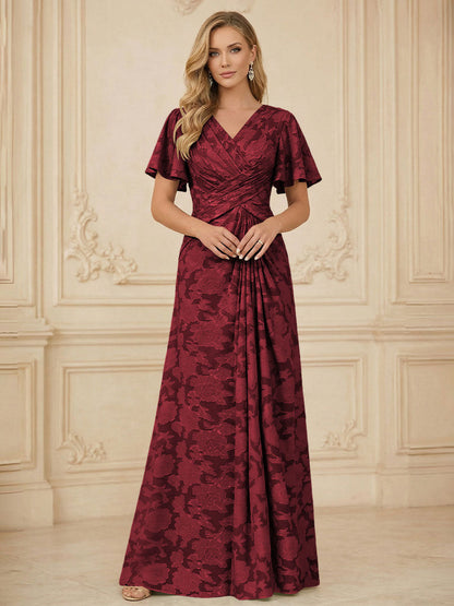 A Line V Neck Short Sleeve Floral Chiffon Ruched Mother of the Bride Dress