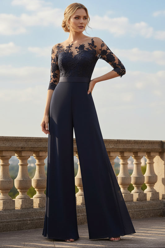 Jumpsuits 3/4 Sleeve Lace Applique Chiffon Mother of the Bride & Groom Dress