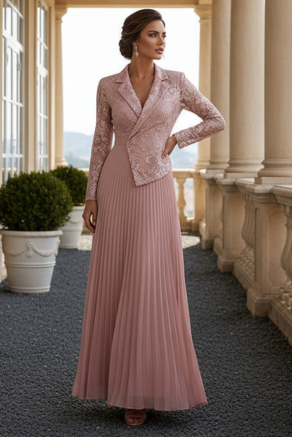A-Line Pleated Chiffon Floor-Length Notched Lapel V-Neck Mother of the Bride & Groom Dresses with Lace Embroidered Bodice