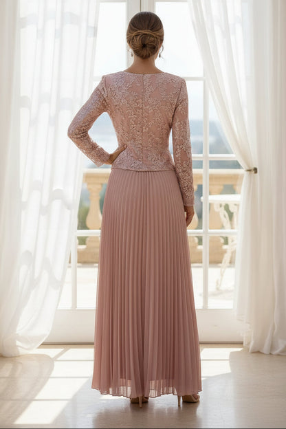 A-Line Pleated Chiffon Floor-Length Notched Lapel V-Neck Mother of the Bride & Groom Dresses with Lace Embroidered Bodice
