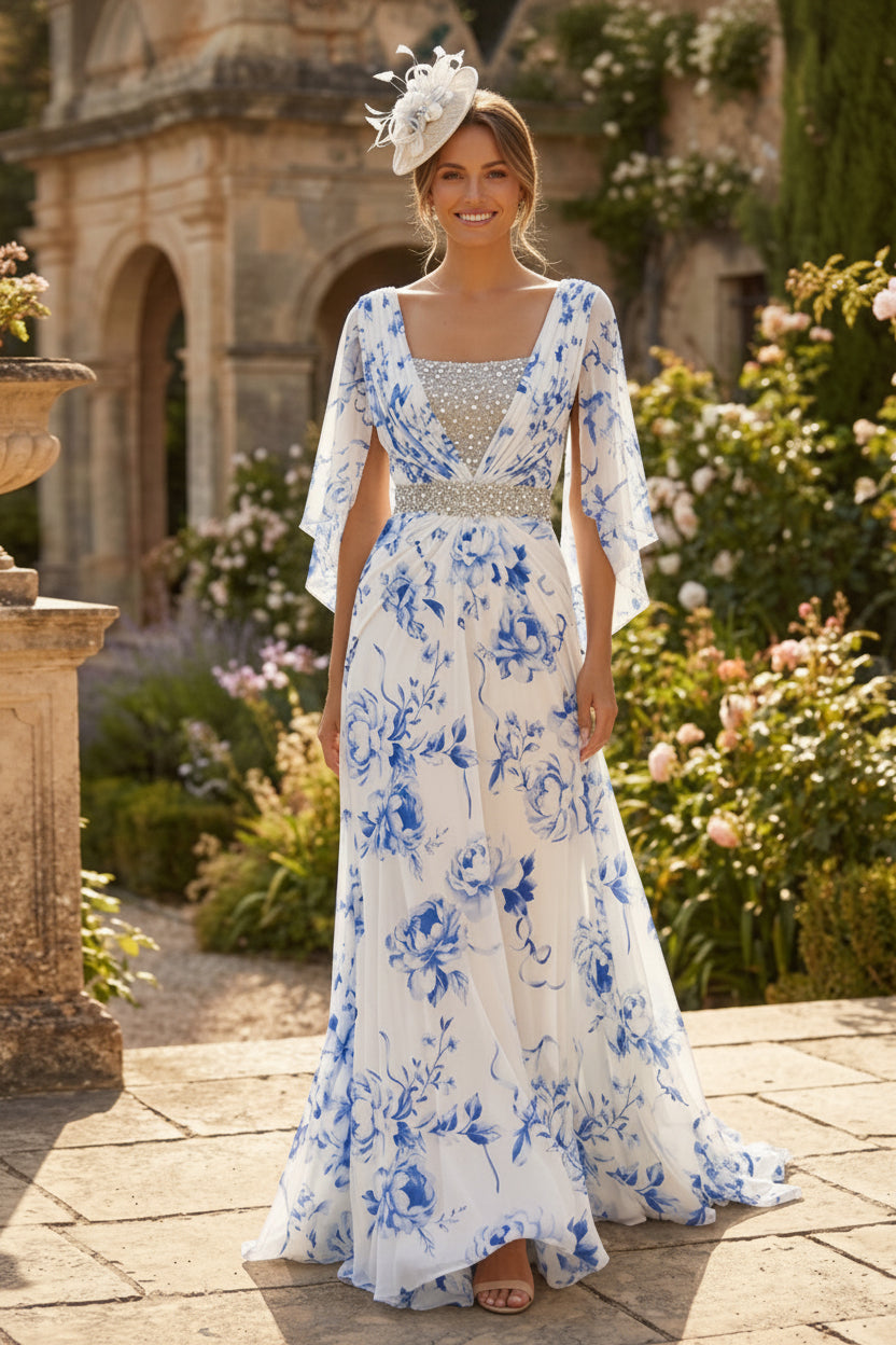 A-Line Chiffon Floral Print Long Mother of the Bride & Groom Dress