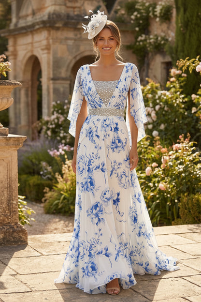 A-Line Chiffon Floral Print Long Mother of the Bride & Groom Dress