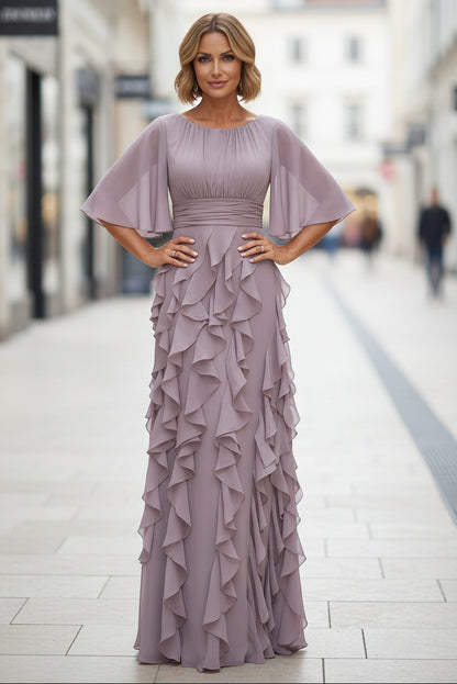 A-Line Chiffon Tiered Ruffles Mother of the Bride & Groom Dresses with Ruched Waist