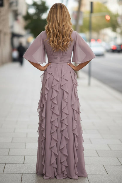 A-Line Chiffon Tiered Ruffles Mother of the Bride & Groom Dresses with Ruched Waist