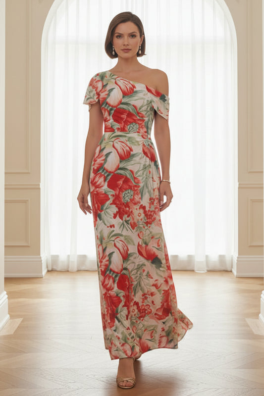 Floral Print A-Line Off Shoulder Floor-Length Mother of the Bride & Groom Dresses with Ruched Waist