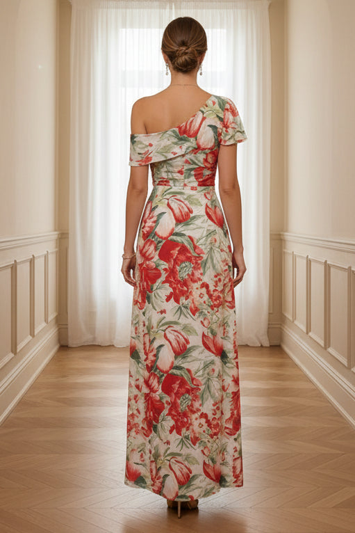 Floral Print A-Line Off Shoulder Floor-Length Mother of the Bride & Groom Dresses with Ruched Waist