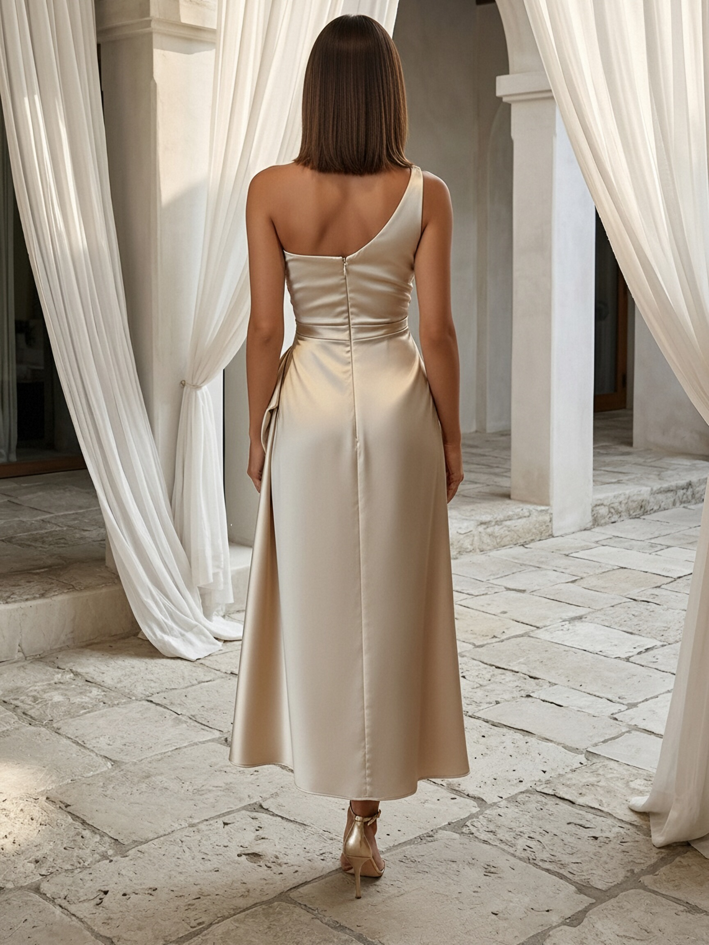 Elegant One Shoulder Ruched Waist Tea-Length Cocktail Dress