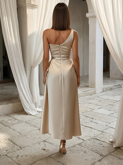Elegant One Shoulder Ruched Waist Tea-Length Cocktail Dress