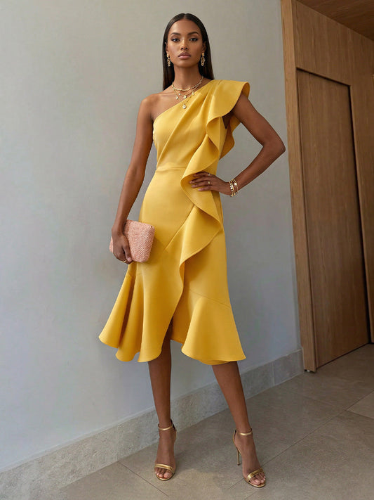 One Shoulder Tea-Length Ruffles Sleeveless Cocktail Dress