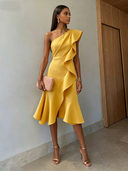 One Shoulder Tea-Length Ruffles Sleeveless Cocktail Dress