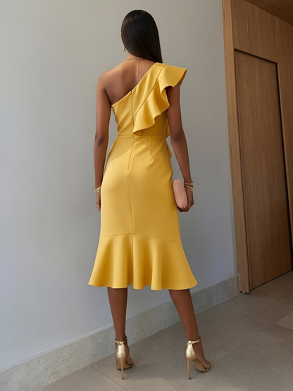 One Shoulder Tea-Length Ruffles Sleeveless Cocktail Dress