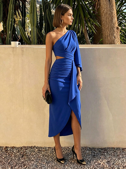 Sheath One Shoulder Tea-Length Ruched Waist Cocktail Dresses