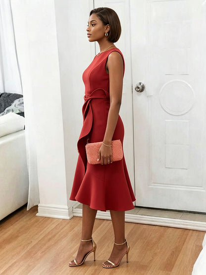 Elegant Scoop Neck Satin Tea-Length Cocktail Dress