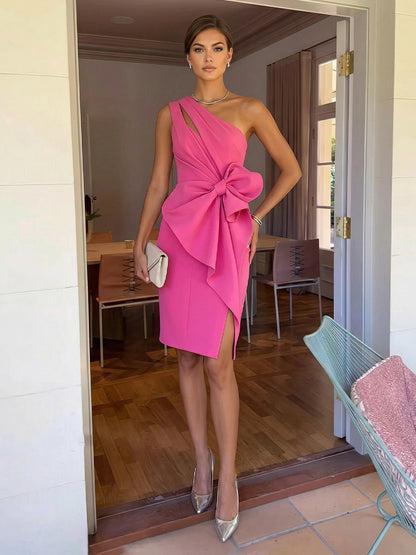 Elegant One Shoulder Satin Short-Length Cocktail Dress