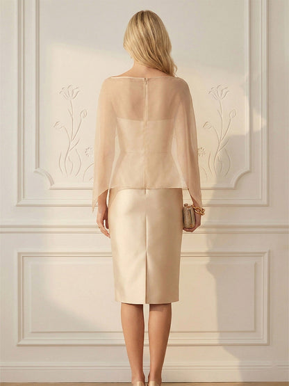 Column Elegant Cocktail Dresses Cape Satin Tea-Length