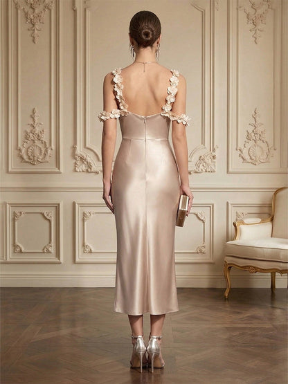 Sheath Tea-Length Satin Spaghetti Straps Cocktail Dress