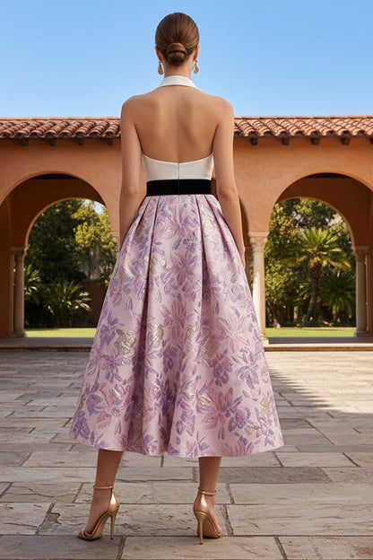 A-Line Cocktail Dresses Mixed Color Halter Deep V-Neck Jacquard Satin Sleeveless