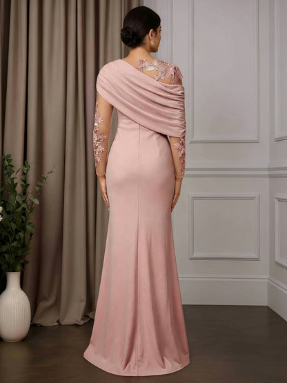 Satin Lace Applique One Shoulder Mermaid Long Sleeve Mother of the Bride Dress