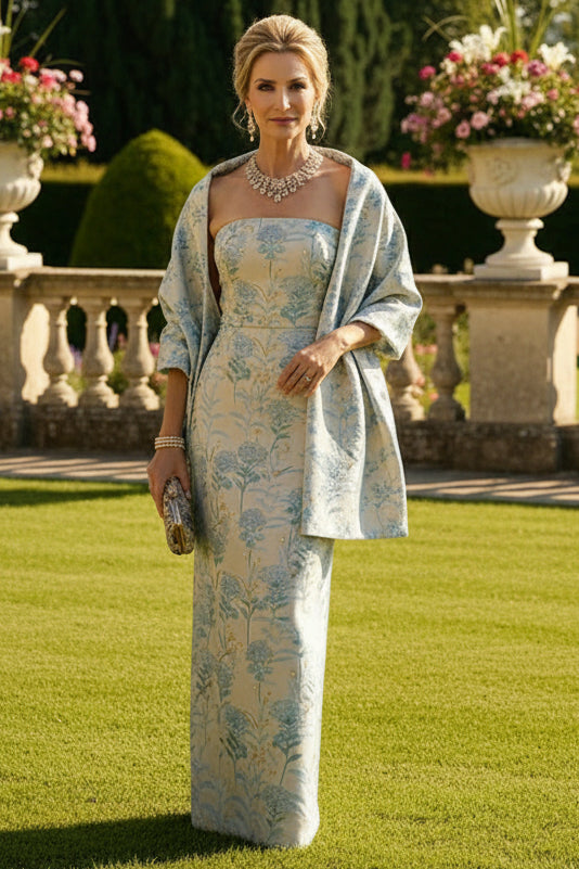 Mother of the Bride & Groom Dress Wedding Guest Gown Jacquard Sheath with Scarf
