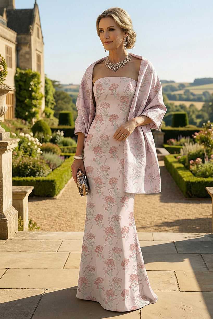 Mother of the Bride & Groom Dress Wedding Guest Gown Jacquard Sheath with Scarf