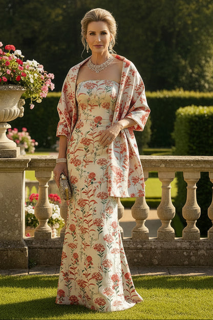 Mother of the Bride & Groom Dress Wedding Guest Gown Jacquard Sheath with Scarf